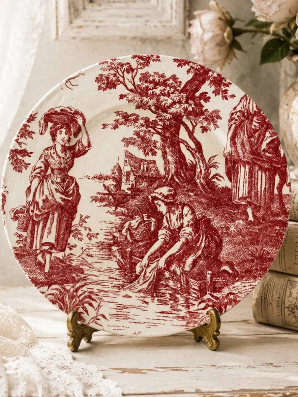 Vintage Red Toile De Jouy Country Life Pastoral Scene Charger Plate